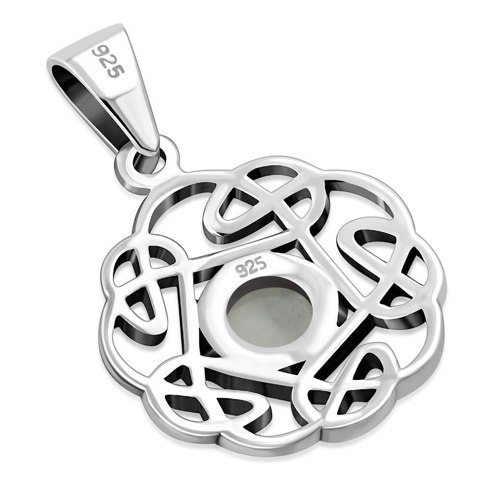 Small Rainbow Moonstone Round Celtic Knot Silver Pendant