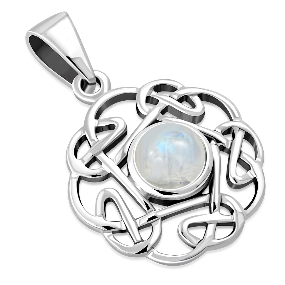 Small Rainbow Moonstone Round Celtic Knot Silver Pendant