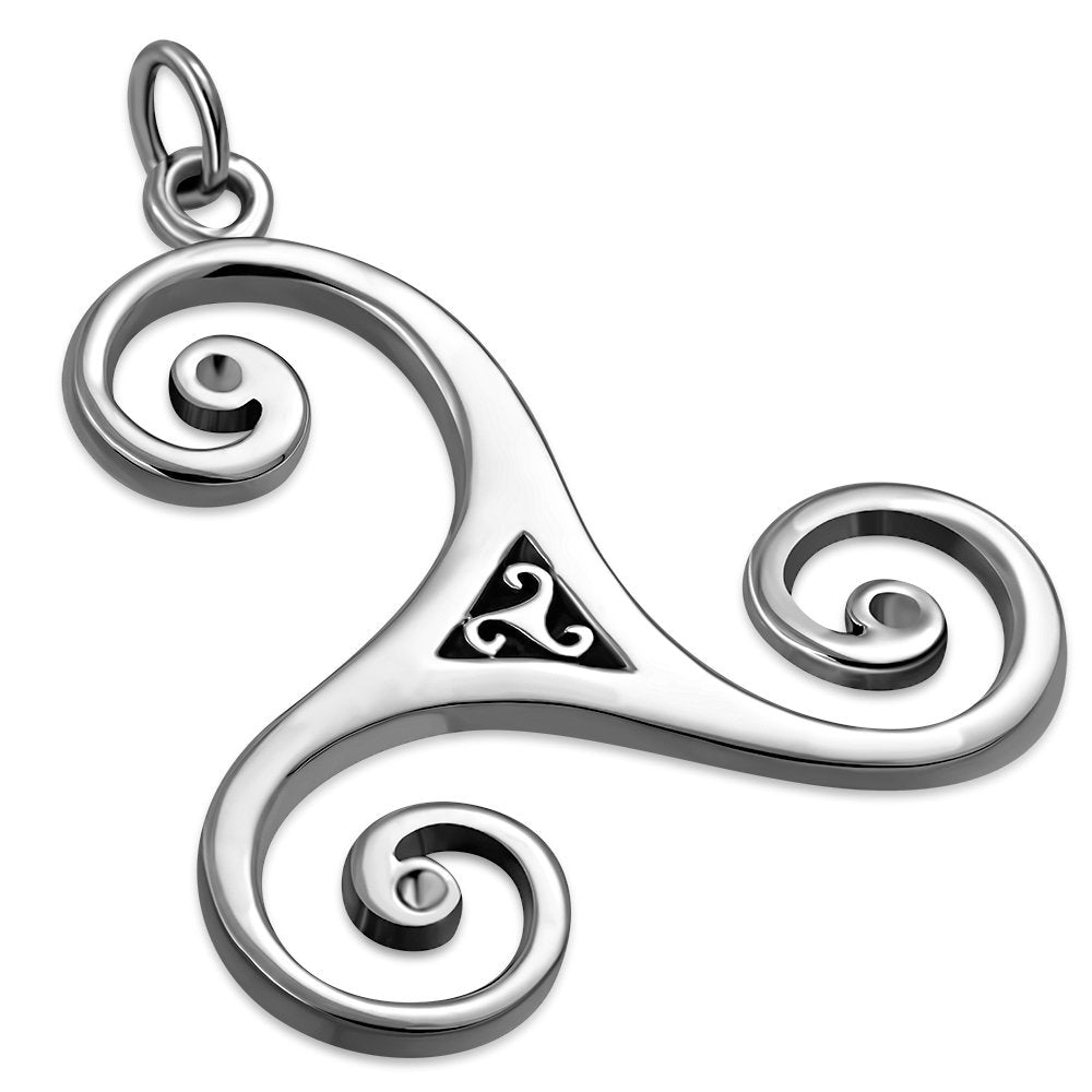 Large Celtic Triskele Triple Spiral Silver Pendant