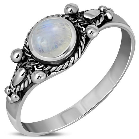 Tibetan Style Rainbow Moonstone Silver Ring