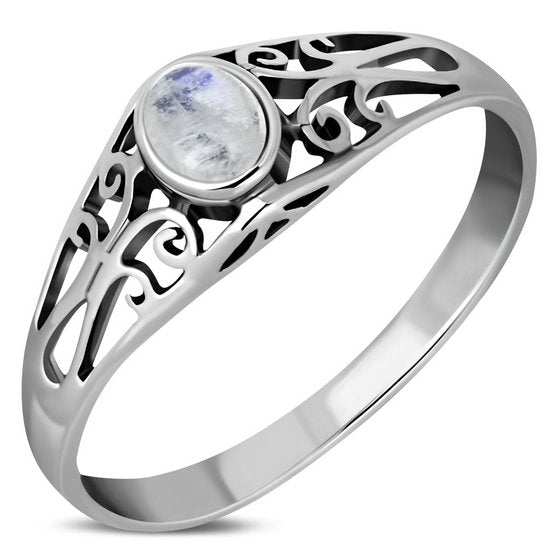 Ethnic Design Rainbow Moonstone Silver Ring