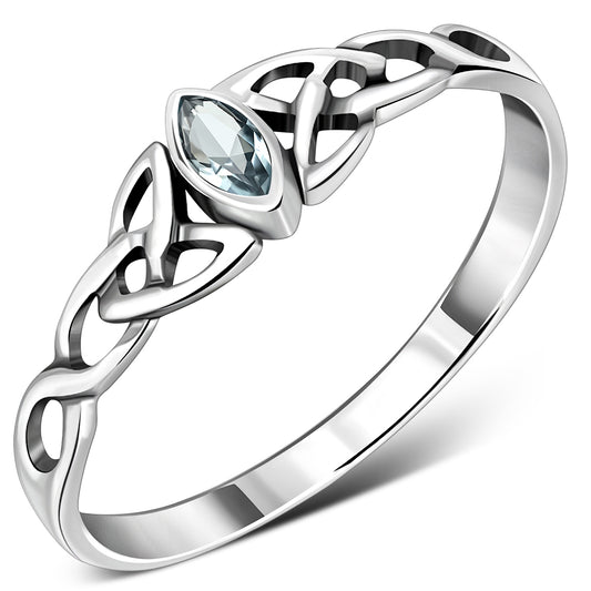 Thin Celtic Knot Silver Ring, set w/ Blue Topaz CZ