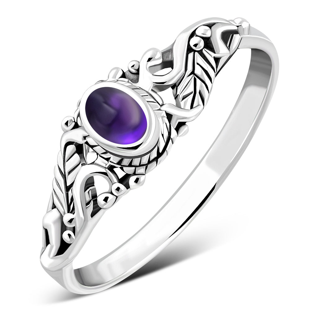 Sterling Silver Amethyst Stone Leaves Ring