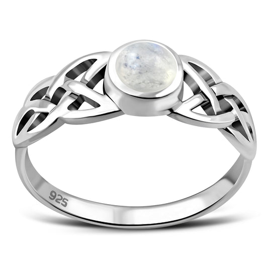 Irish Gaelic Celtic Knot 925 Sterling Silver Ring With Rainbow Moonstone