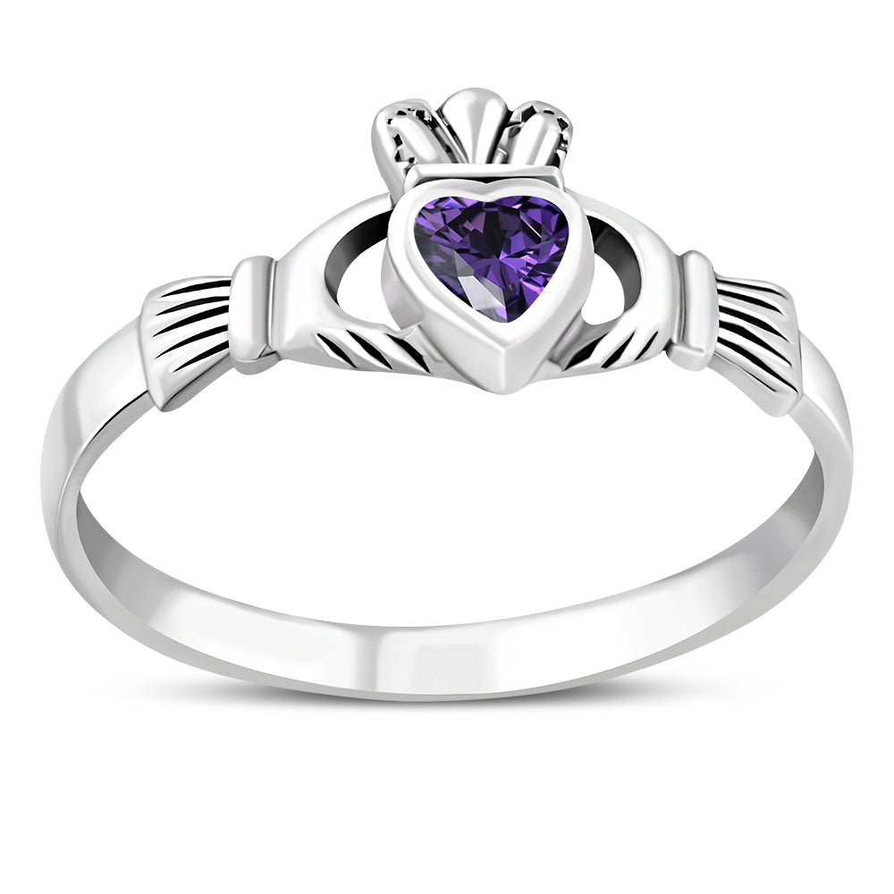 Amethyst CZ Irish Claddagh Silver Ring