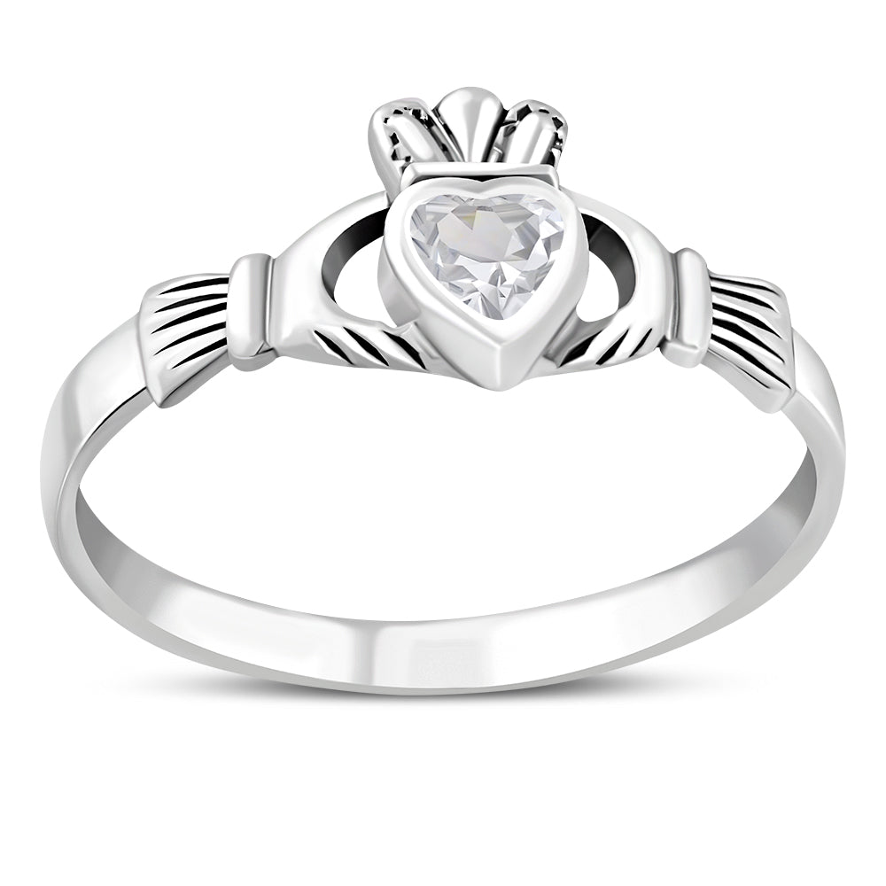 Clear CZ Irish Claddagh Silver Ring