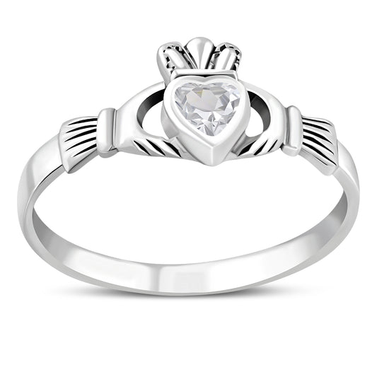 Clear CZ Irish Claddagh Silver Ring