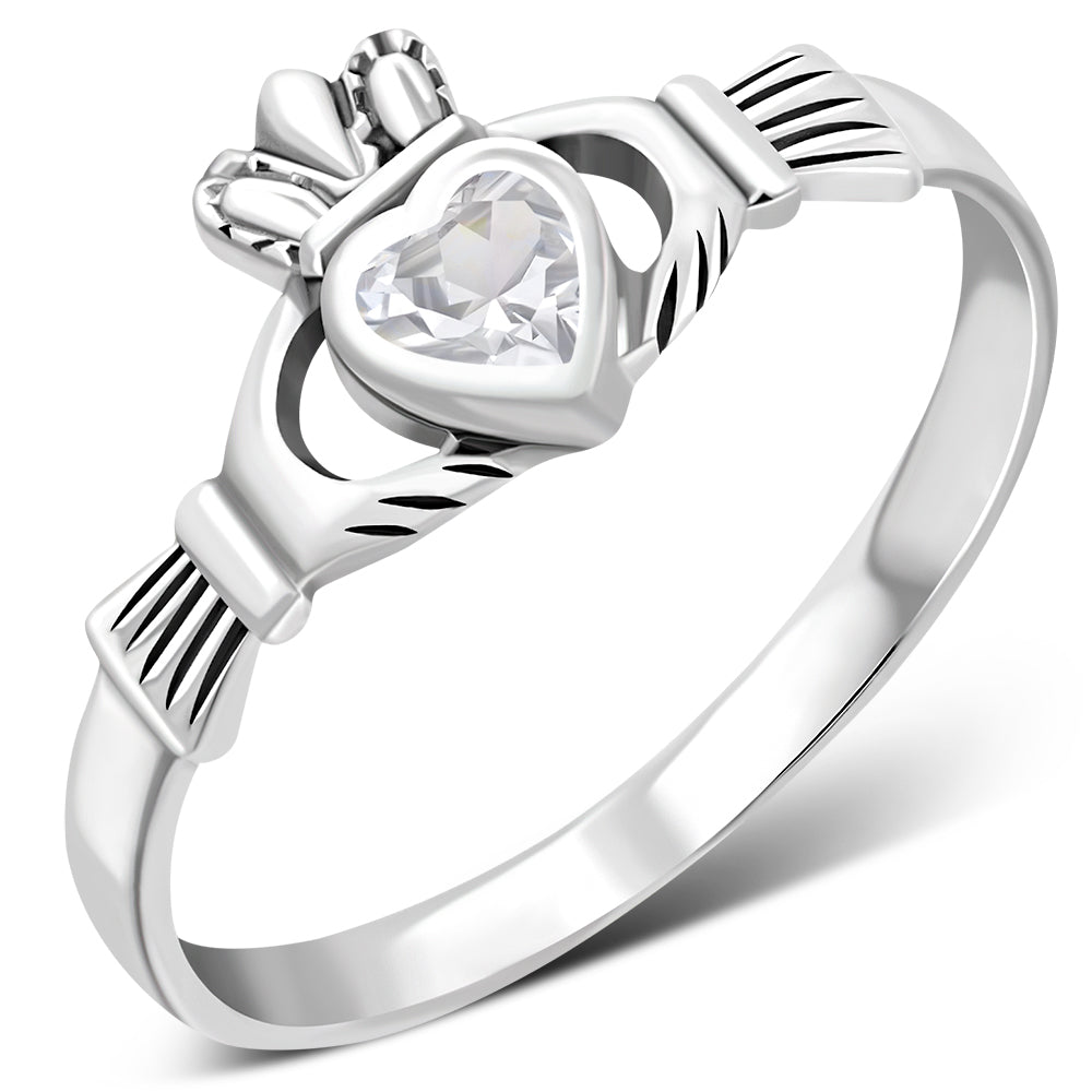 Clear CZ Irish Claddagh Silver Ring