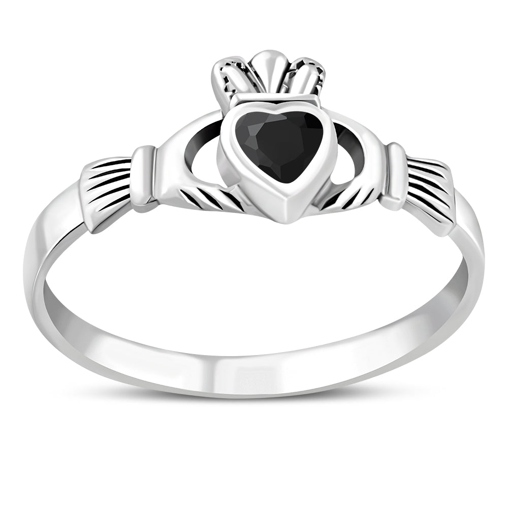 Faceted Black Onyx Claddagh Silver Ring