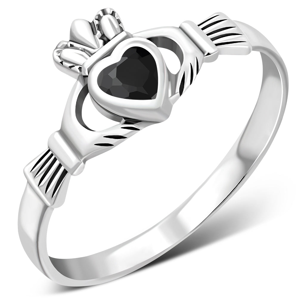 Faceted Black Onyx Claddagh Silver Ring