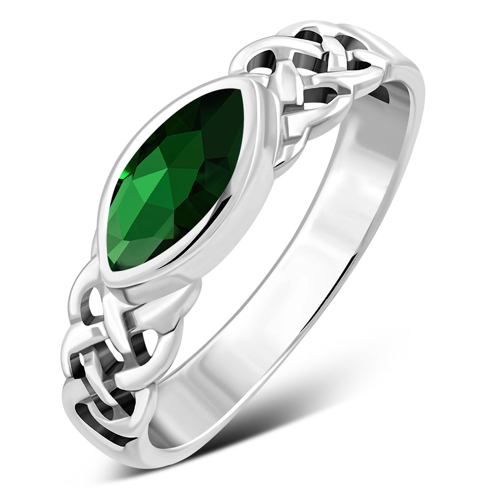 Marquise cut Green CZ Celtic Silver Ring