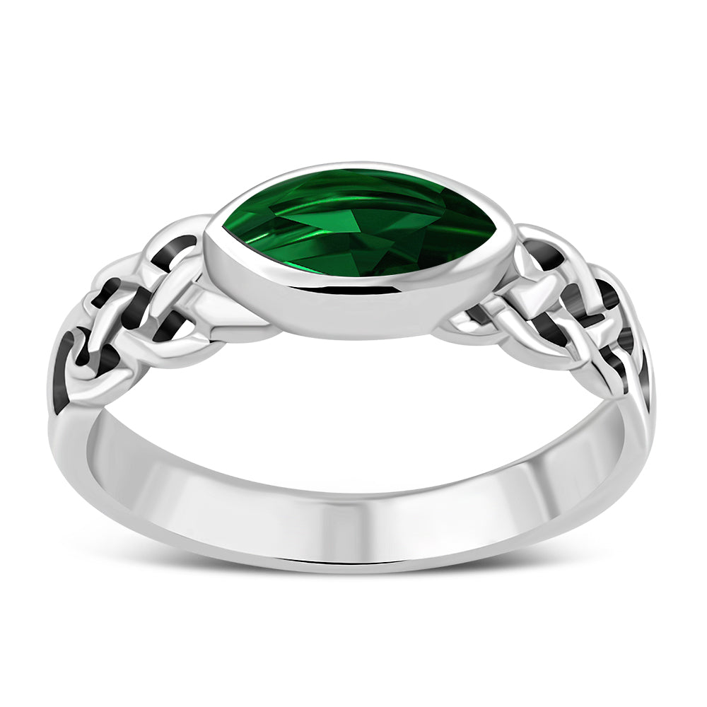 Marquise cut Green CZ Celtic Silver Ring