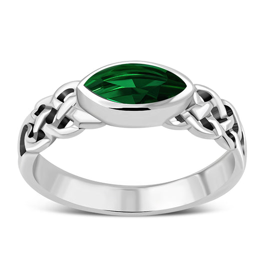 Marquise cut Green CZ Celtic Silver Ring