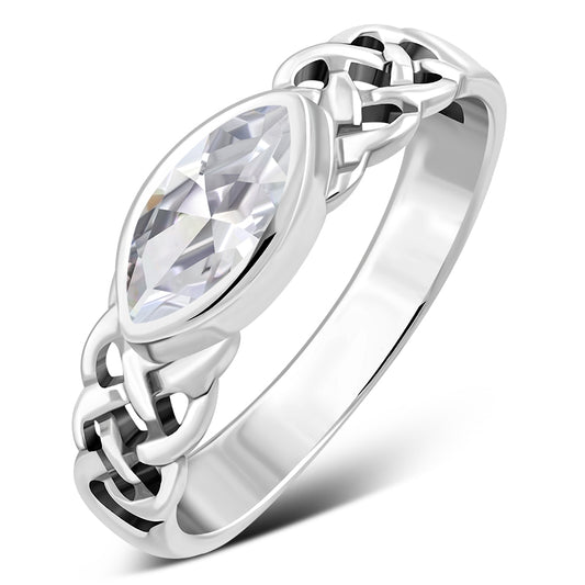 Marquise cut Clear CZ Celtic Silver Ring
