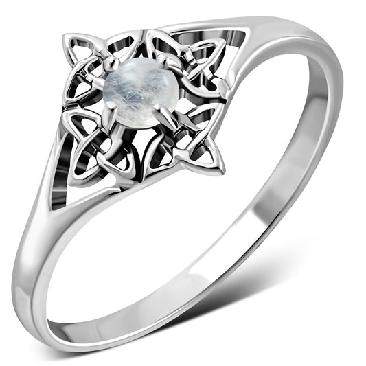 Delicate Rainbow Moonstone Celtic Silver Ring