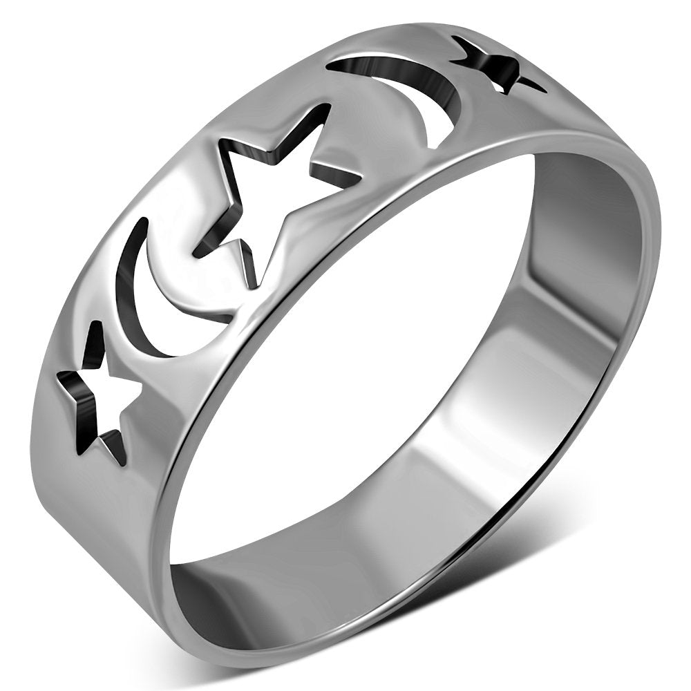 Moon & Stars Silver Band Ring