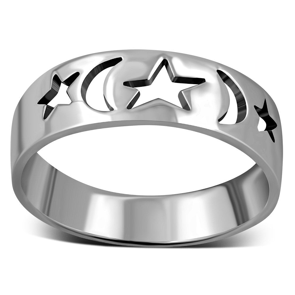 Moon & Stars Silver Band Ring