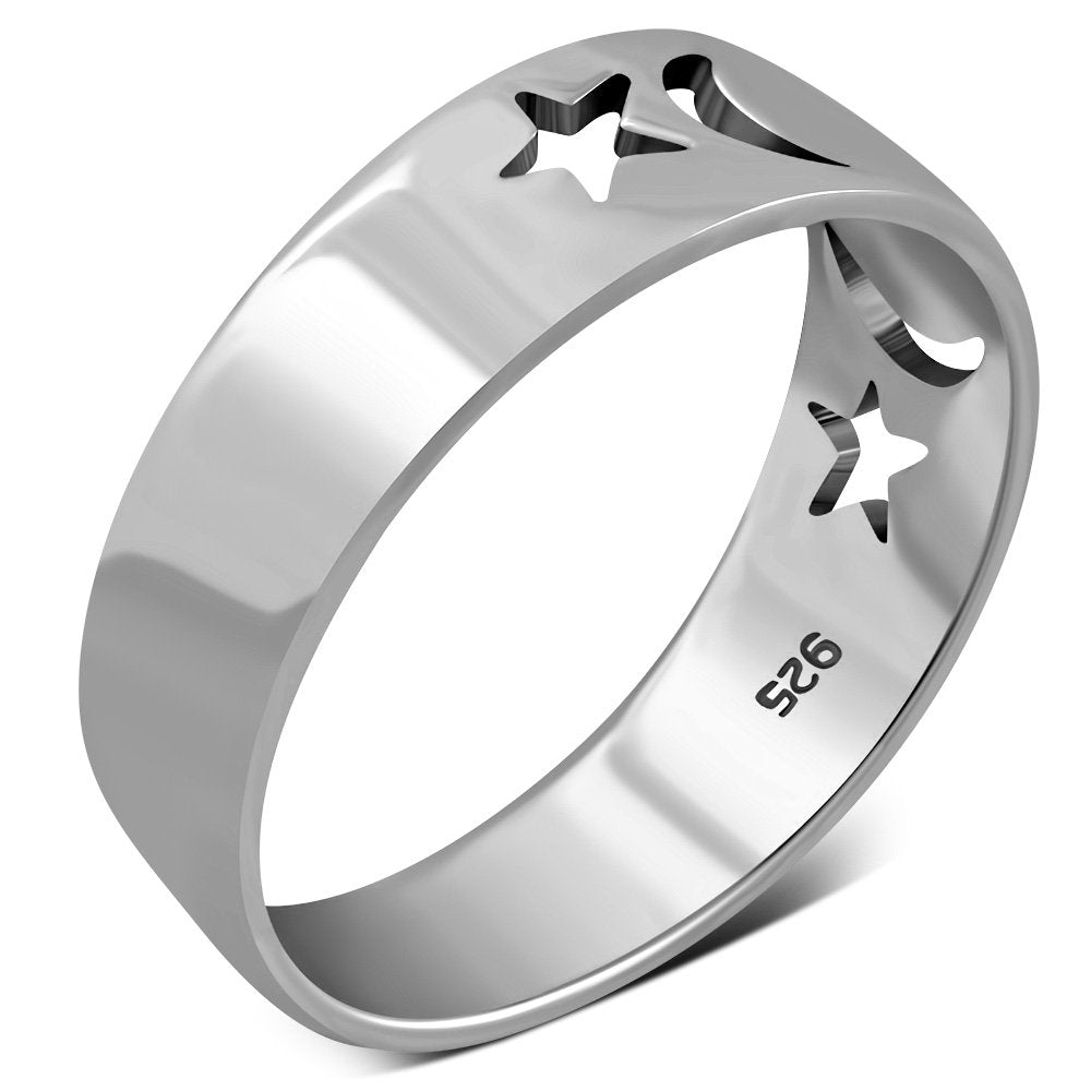 Moon & Stars Silver Band Ring
