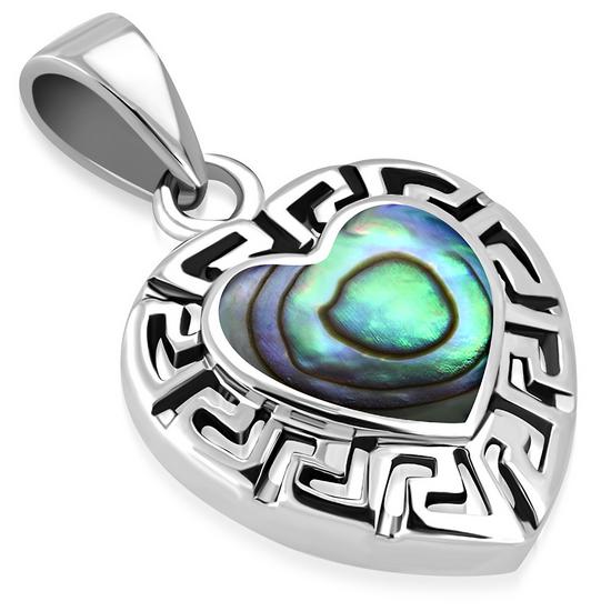 Abalone Shell Heart Greek Key Silver Pendant