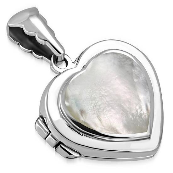 Heart Shaped Locket Silver Pendant w/ Mother of Pearl