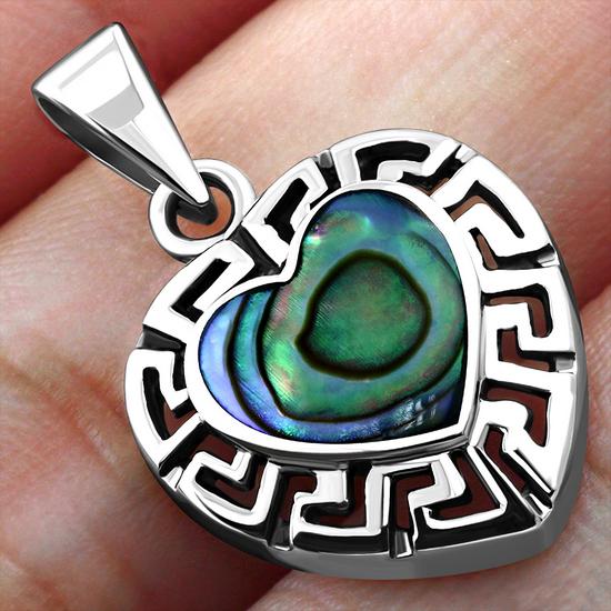 Abalone Shell Heart Greek Key Silver Pendant
