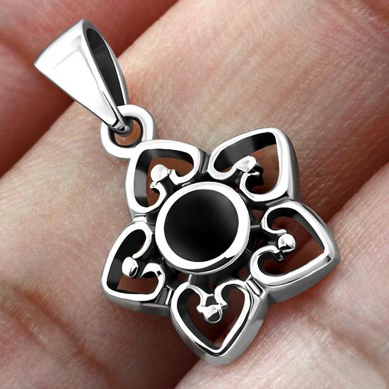 Black Onyx Petal Hearts Silver Pendant
