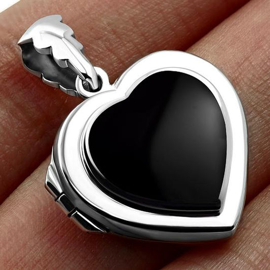 Heart Shaped Locket Silver Pendant w/ Black Onyx