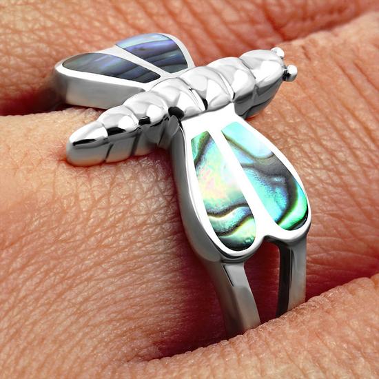 Abalone Shell Dragonfly Silver Ring