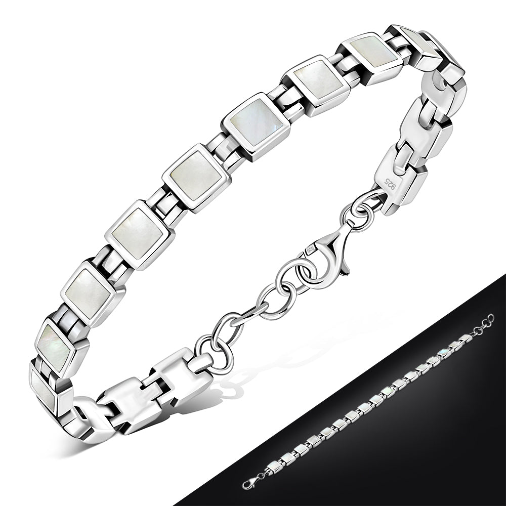 Mother of Pearl Small Square links Silver Bracelet