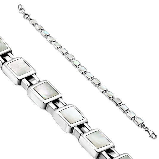 Mother of Pearl Small Square links Silver Bracelet