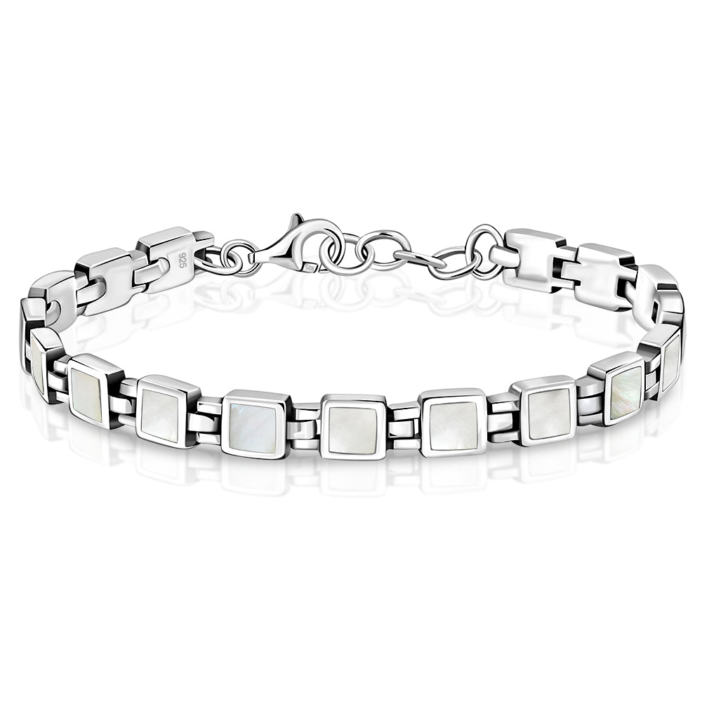 Mother of Pearl Small Square links Silver Bracelet