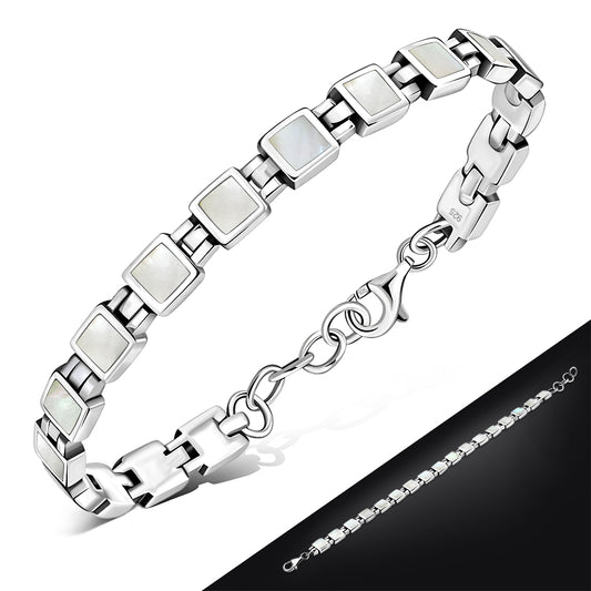 Mother of Pearl Small Square links Silver Bracelet
