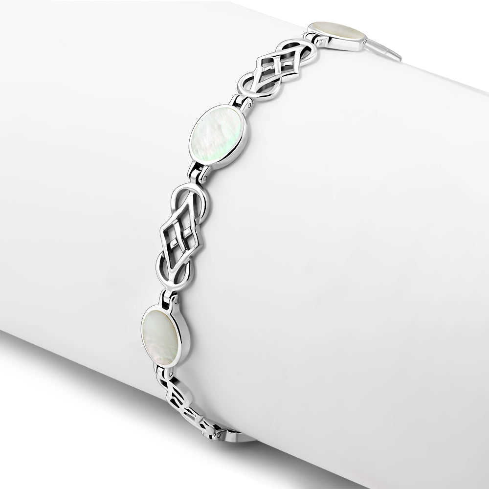Mother Of Pearl Shell Oval Links Celtic Knot Silver Bracelet