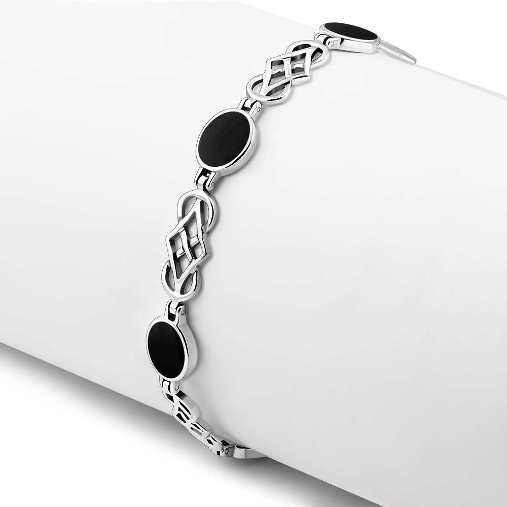 Black Onyx Oval Links Celtic Knot Silver Bracelet