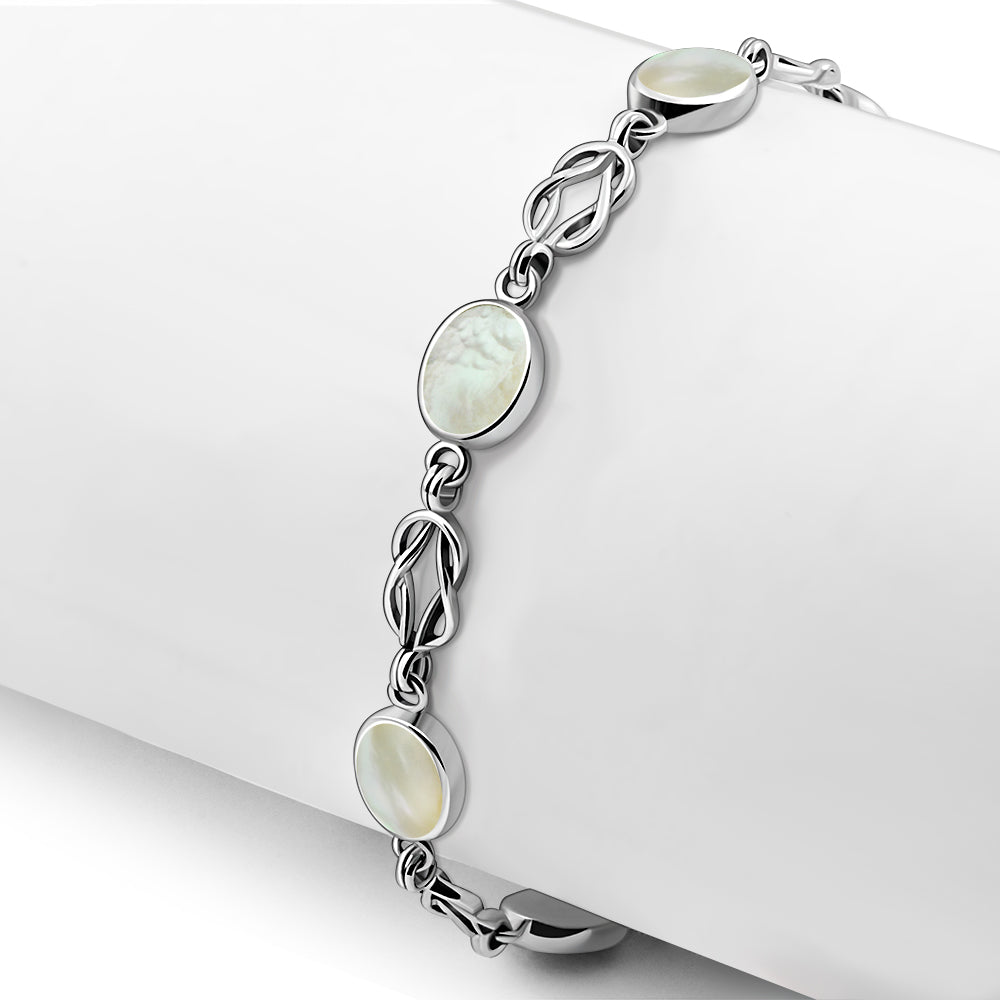 Mother Of Pearl Oval Links Celtic Knot Silver Bracelet