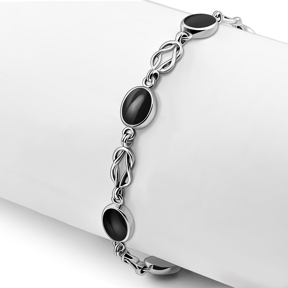 Black Onyx Oval Links Celtic Knot Silver Bracelet