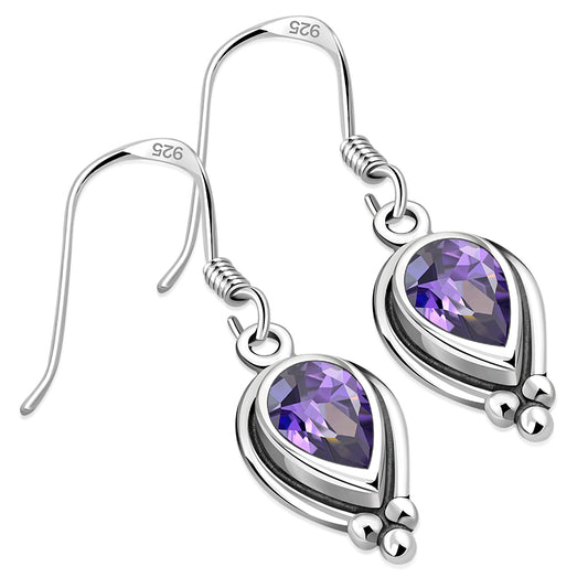 Ethnic Style Silver Earrings w Amethyst CZ