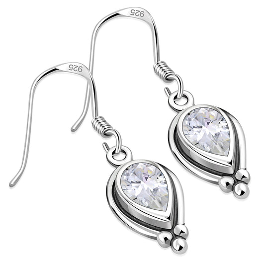 Clear CZ Ethnic Style Silver Earrings