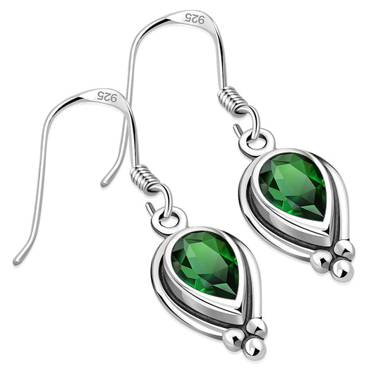Ethnic Style Silver Earrings w Green CZ