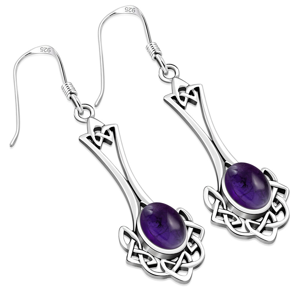 Long Amethyst Stone Celtic Knot Silver Earrings