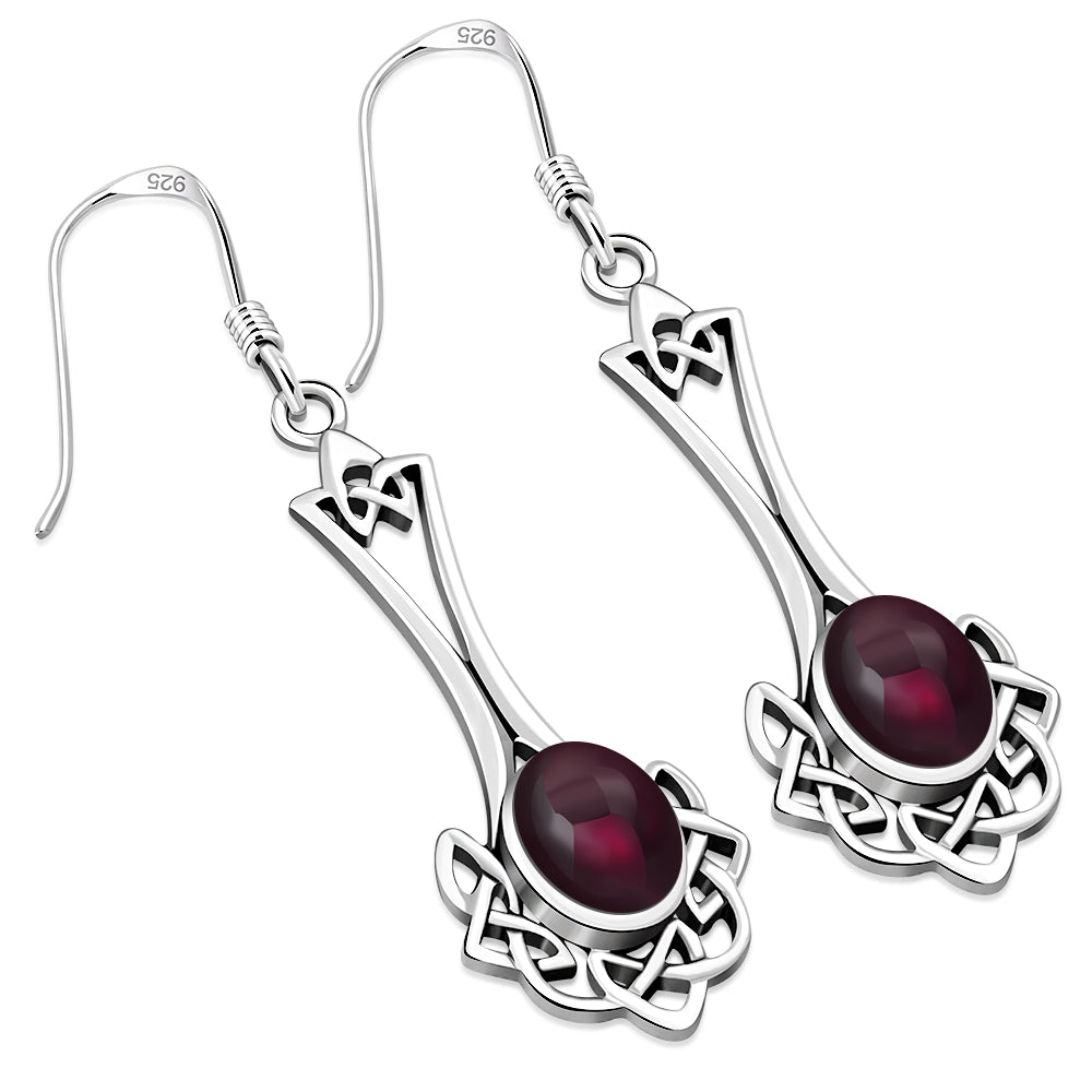 Long Garnet Celtic Knot Silver Earrings