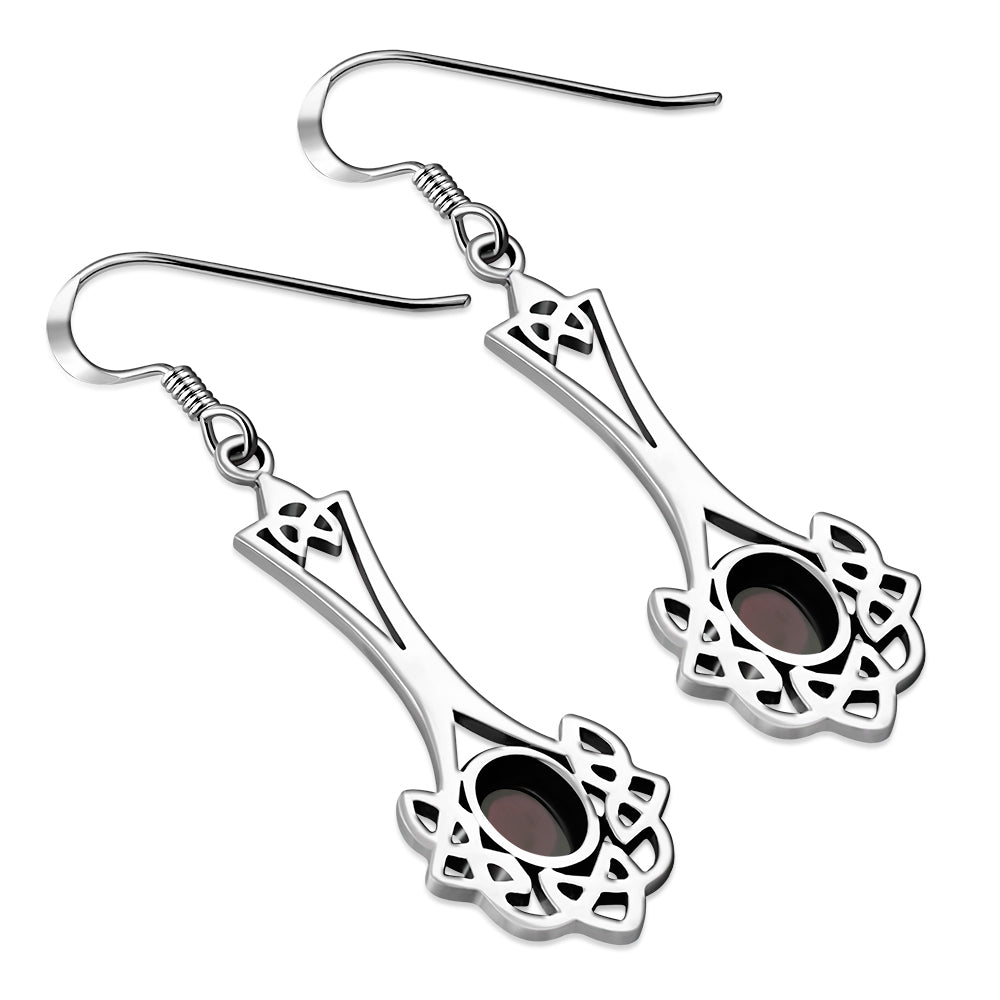 Long Garnet Celtic Knot Silver Earrings