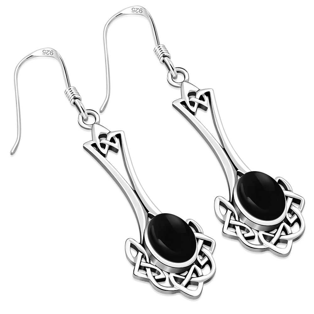 Black Onyx Long Celtic Knot Silver Earring Set