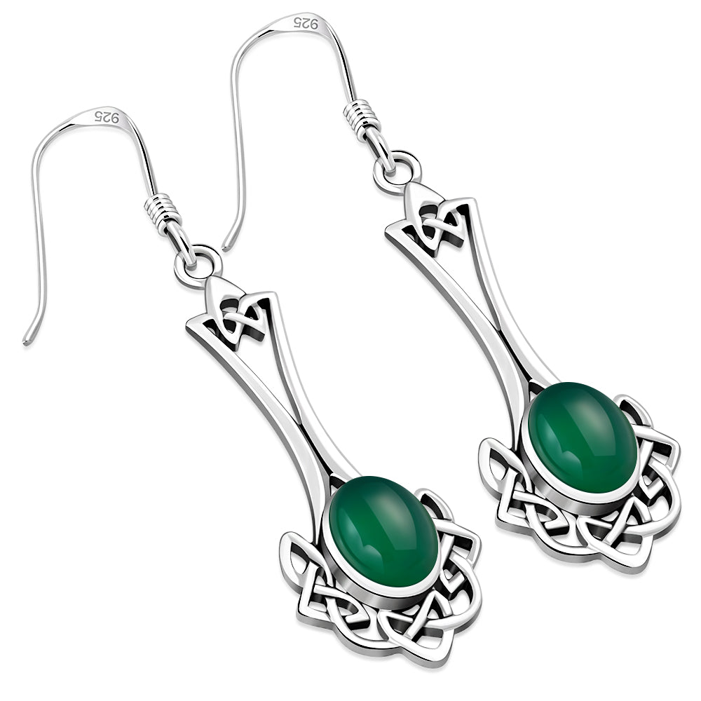 Green Agate Celtic Knot Silver Long Drop Dangle Hook Earrings