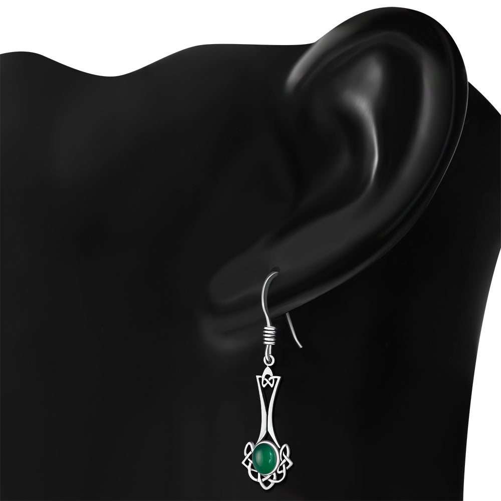 Green Agate Celtic Knot Silver Long Drop Dangle Hook Earrings