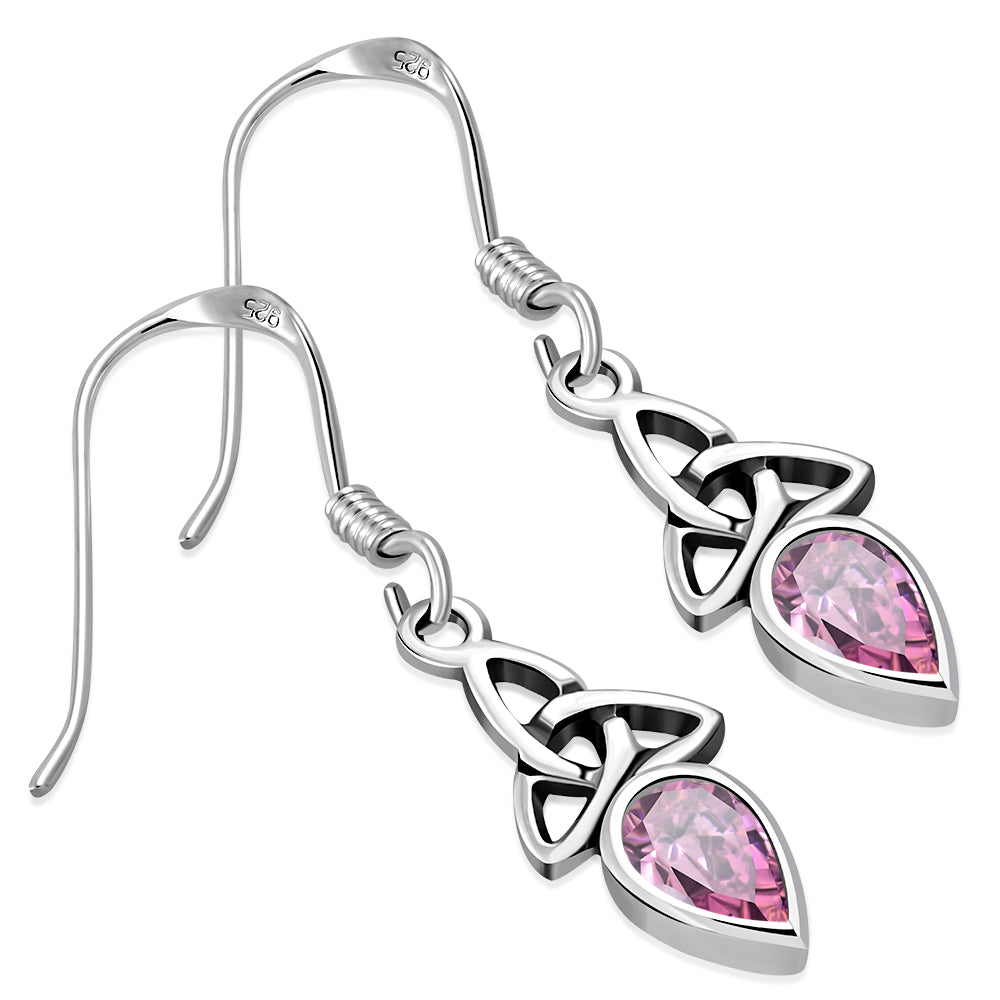 Pink CZ Celtic Trinity Silver Earrings