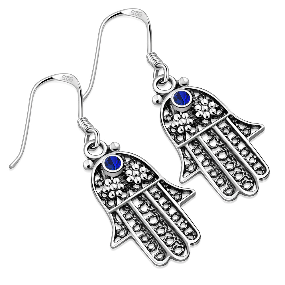 Filigree work Hamsa Earring with Blue Sapphire  CZ