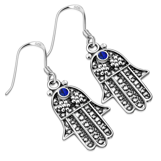 Filigree work Hamsa Earring with Blue Sapphire  CZ