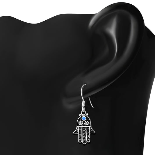 Filigree work Hamsa Earring with Synthetic Azure Blue Opal