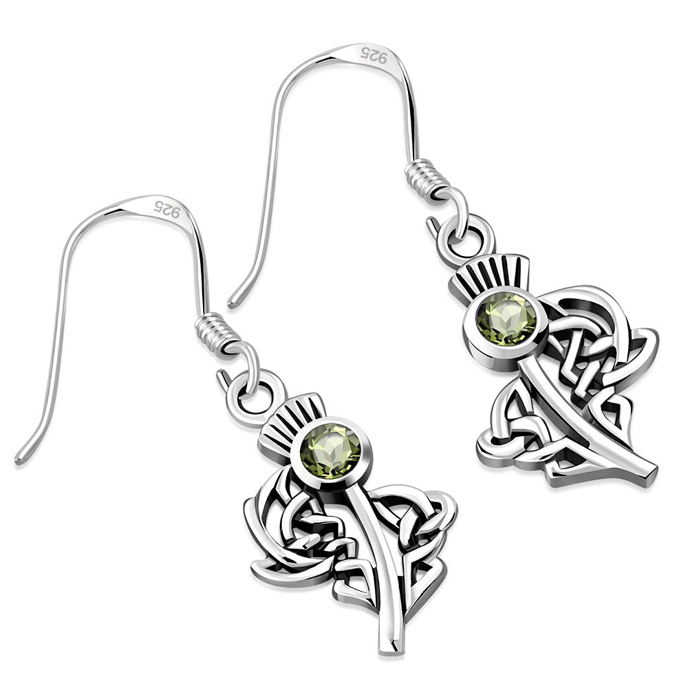 Peridot Stone Scottish Thistle Silver Earrings Set